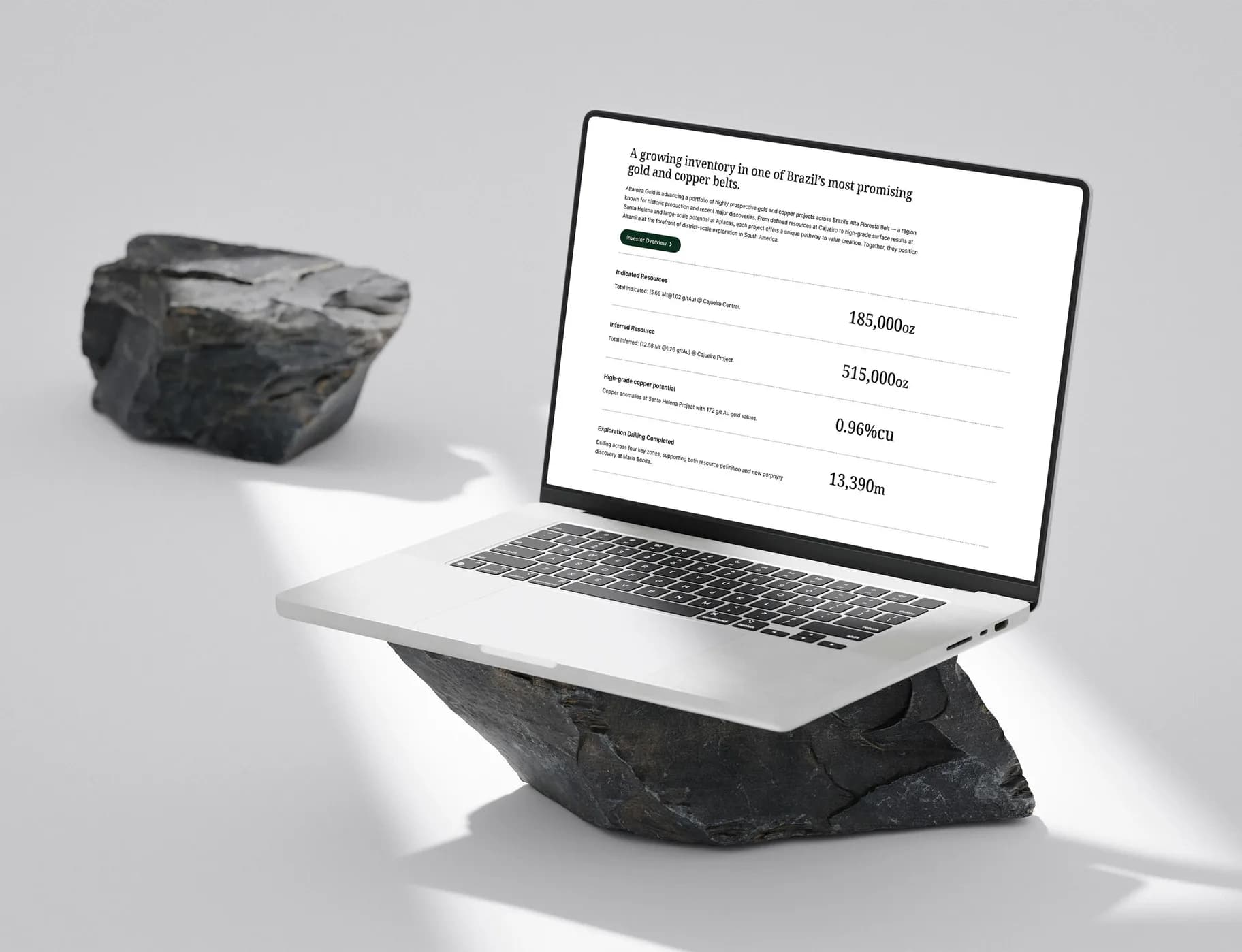 The investor highlights on a MacBook on dark rock, angled.