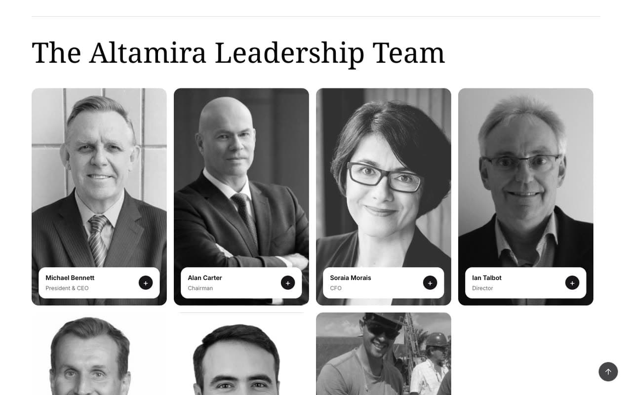 The About page: The Altamira Leadership Team as two rows of black and white portraits, Michael Bennett, Alan Carter, Soraia Morais and Ian Talbot in the first