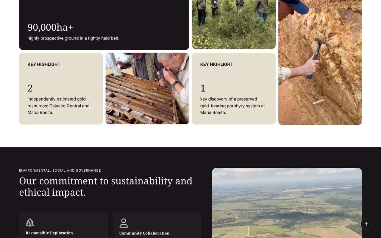 The home page: the key highlights as cards, 90,000 ha+, 2 independently estimated gold resources, 1 key discovery, between field photographs, then Our commitment to sustainability and ethical impact