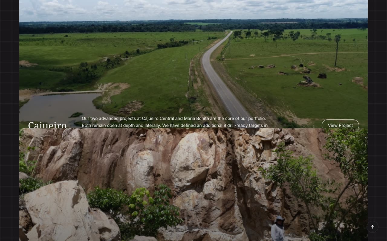 The home page below its opening: the Cajueiro card over the aerial road through the fields, with its View Project button, over the rock face of the next card