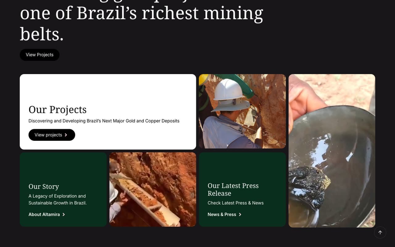 The Investors page: the foot of the line one of Brazil's richest mining belts with its View Projects button, over the grid of Our Projects, Our Story and Our Latest Press Release cards between field photographs