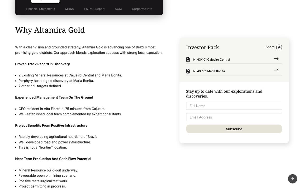 The Investors page: the tab strip, then Why Altamira Gold as four headed lists beside the Investor Pack card with its two NI 43-101 reports and the sign-up form