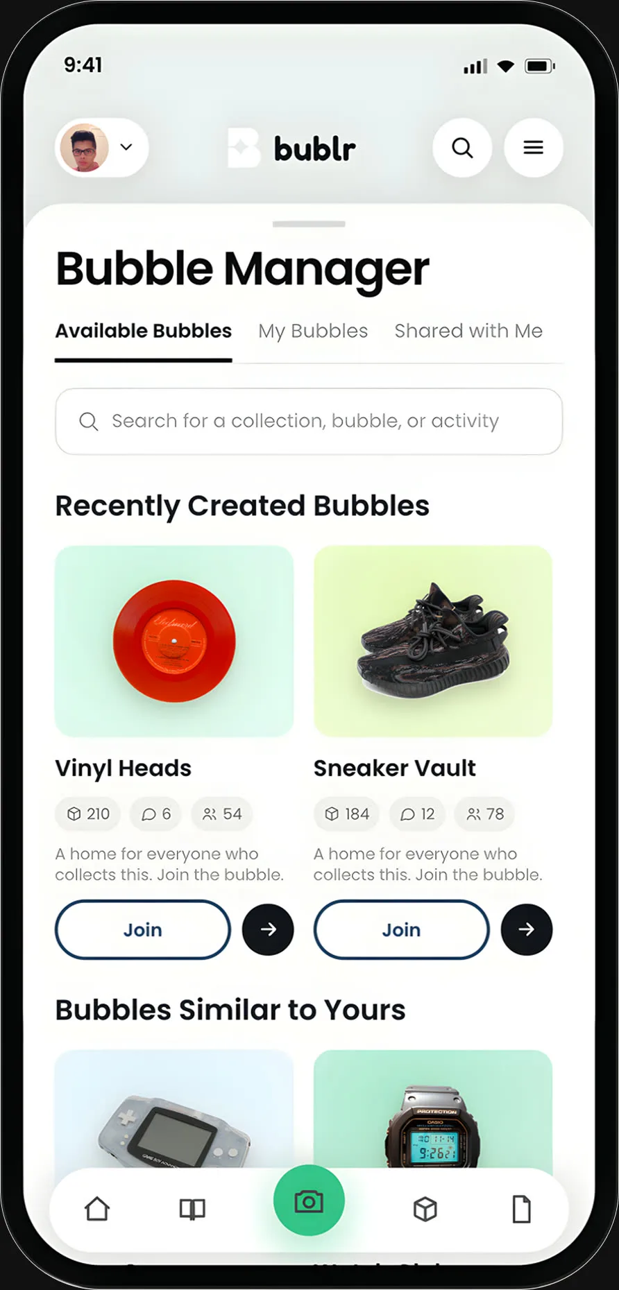 The Bubble Manager screen of the Bublr app in a handset frame, the recently created bubbles listed under the search field