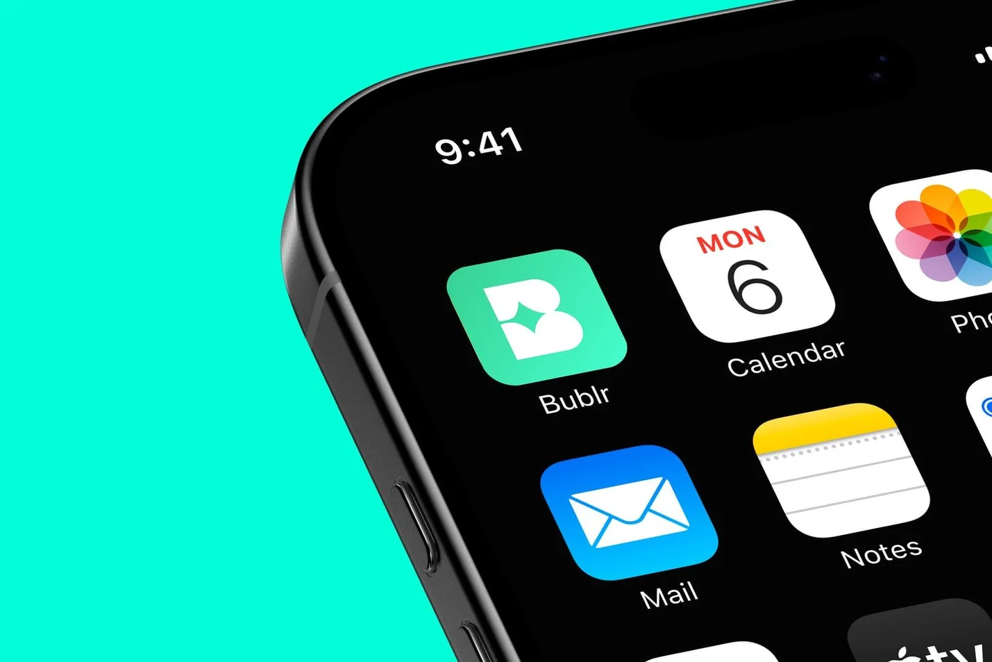 The Bublr app icon close up on a phone home screen beside Calendar, Mail and Notes