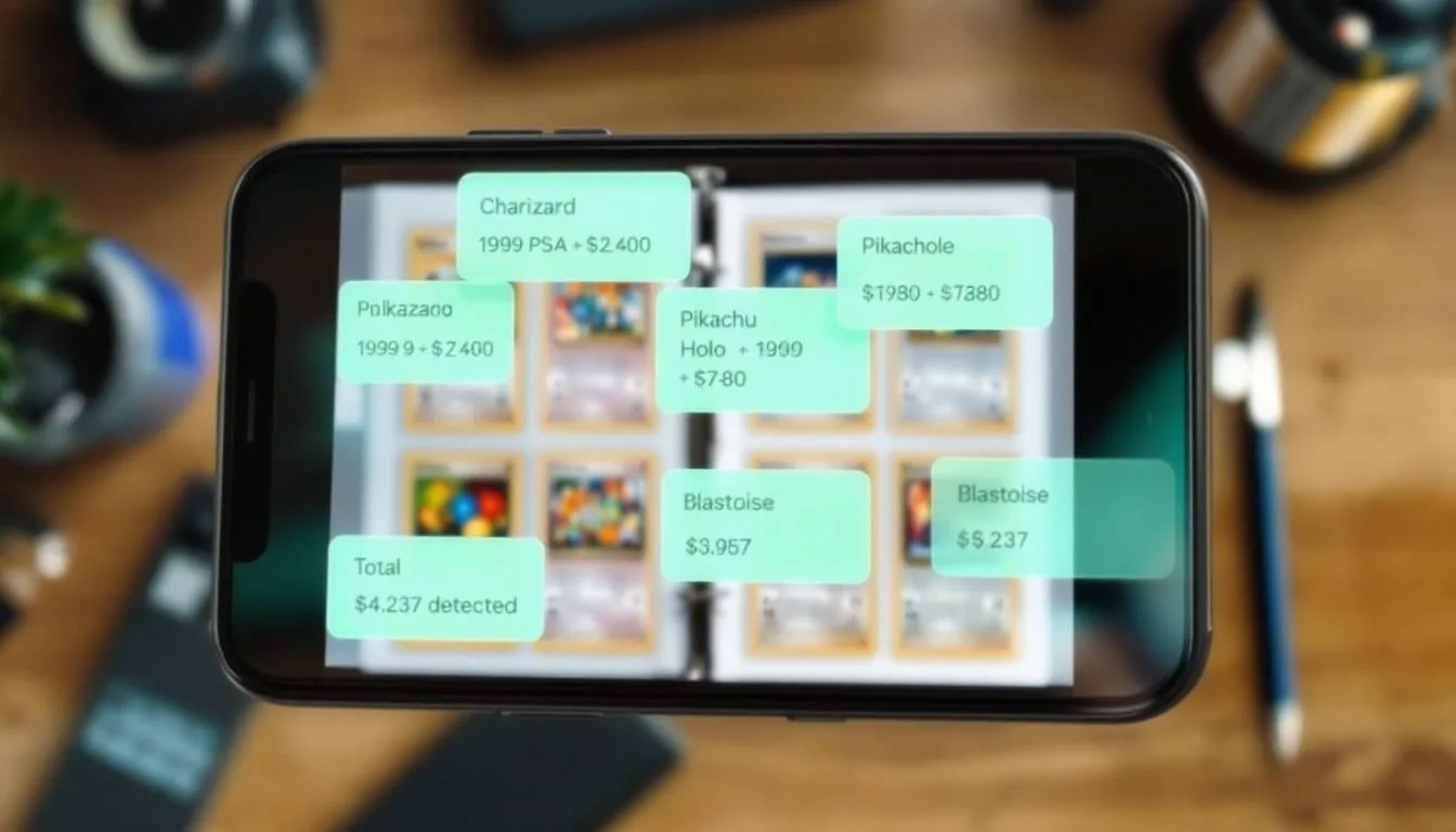 A binder of trading cards read through the phone, each card tagged with its name and value