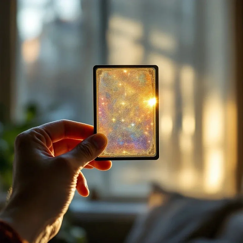 A holographic trading card held up to a window