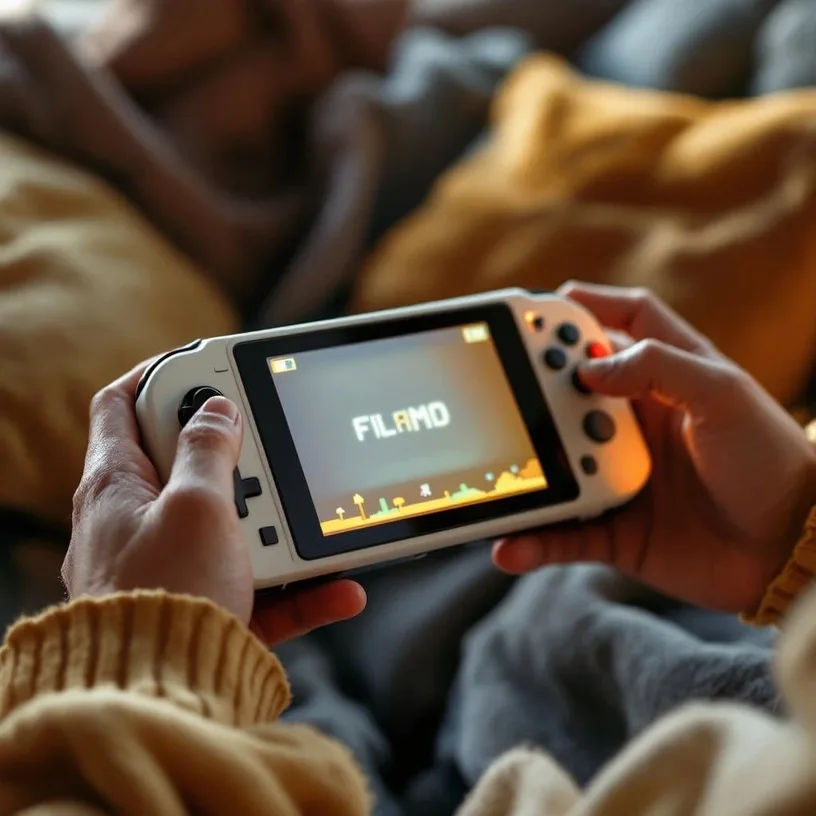 A handheld games console held in two hands, a game on its screen