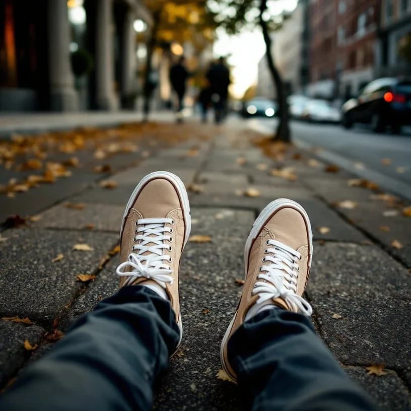 A pair of sneakers on a pavement of fallen leaves, seen from the wearer
