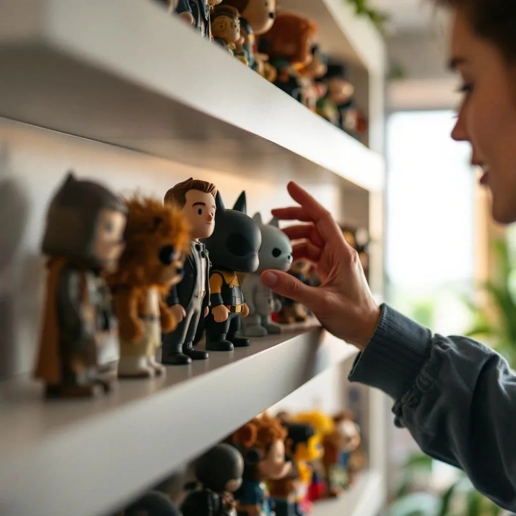A collector reaching for a figure on a shelf of collectible toys