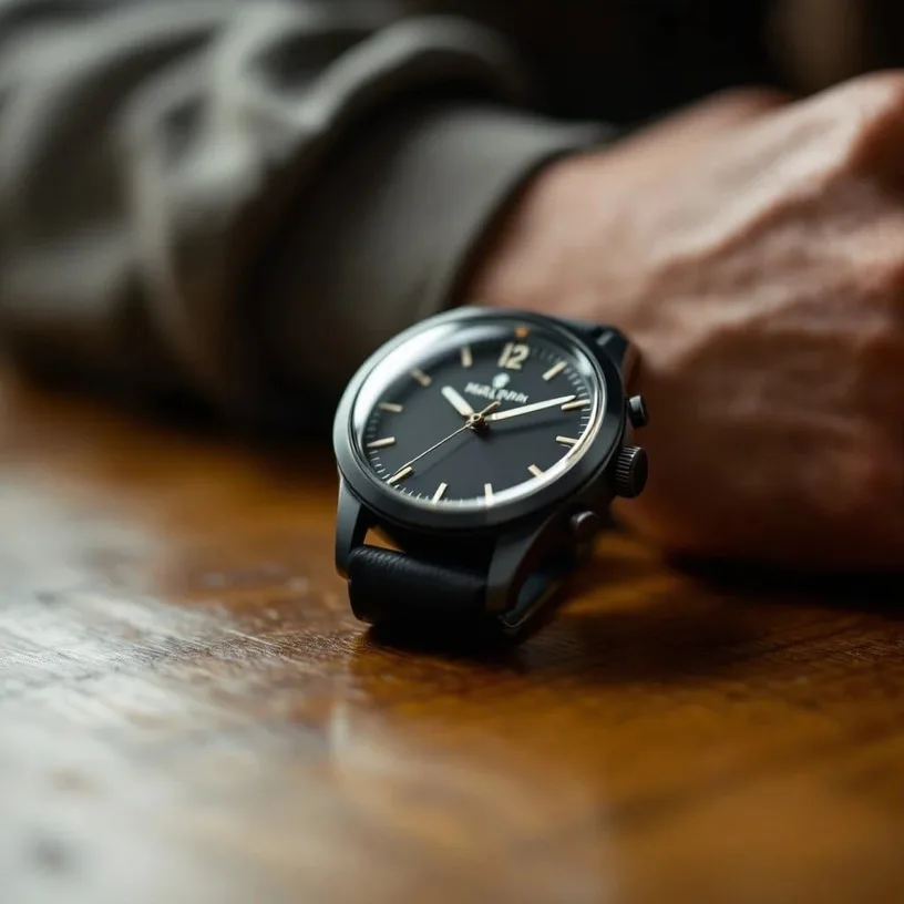 A wristwatch on a wooden table beside a collector’s hand