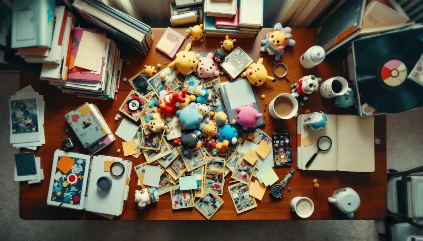 A collection spread over a table: cards, figures, comics, a Game Boy