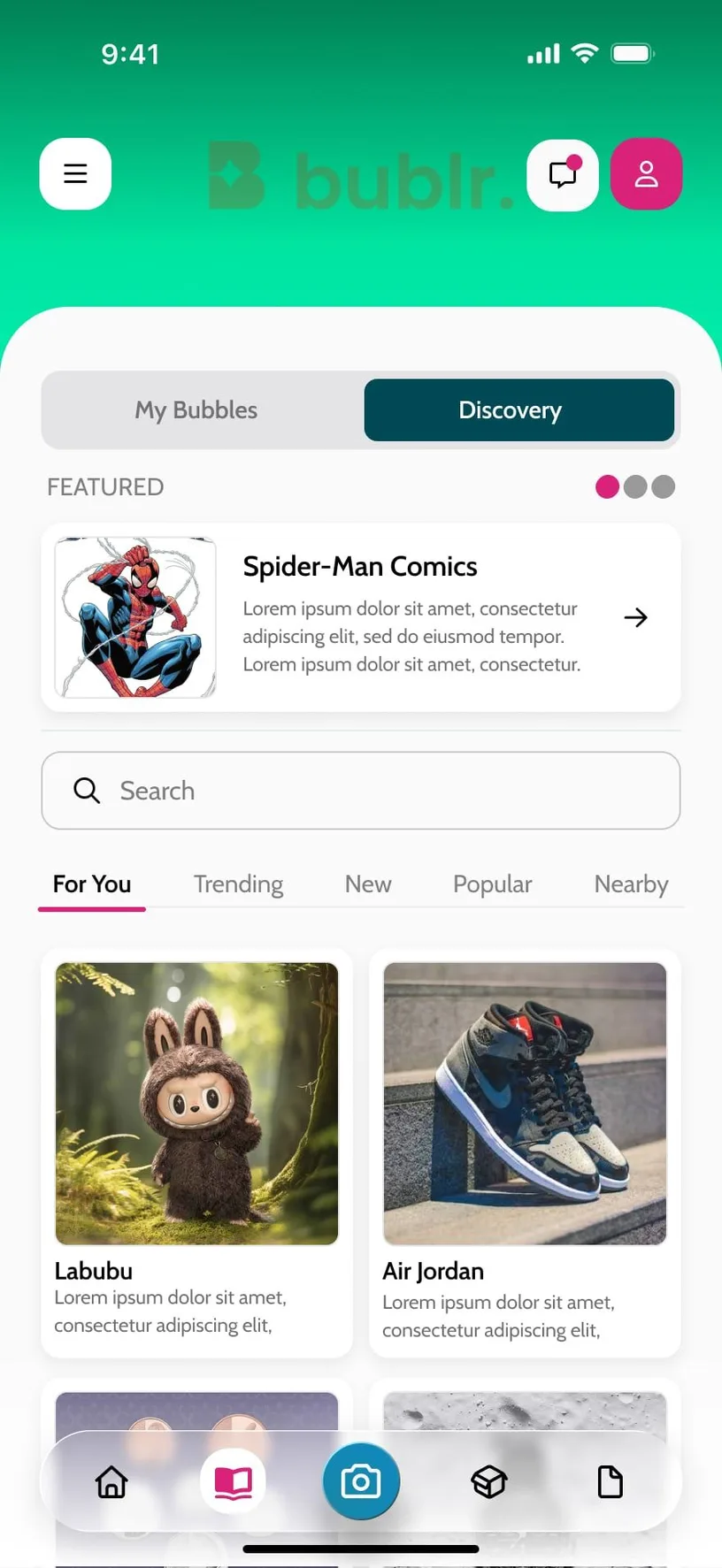 The Discovery screen of the Bublr app: featured bubbles, search, For you