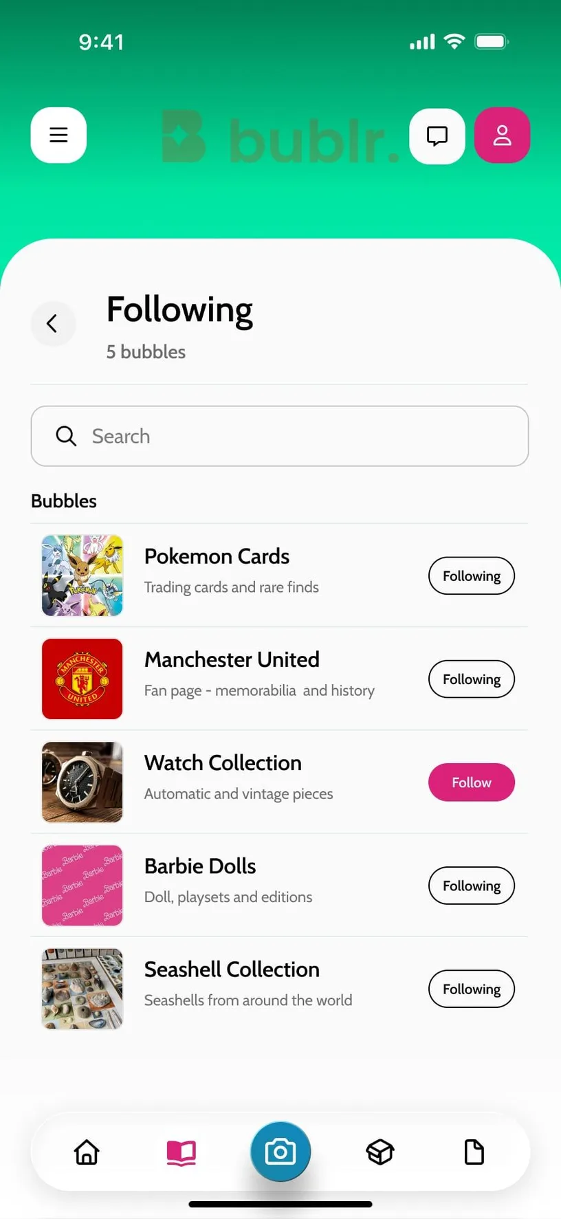 The Following screen of the Bublr app: the bubbles a collector follows, Pokémon cards to seashells