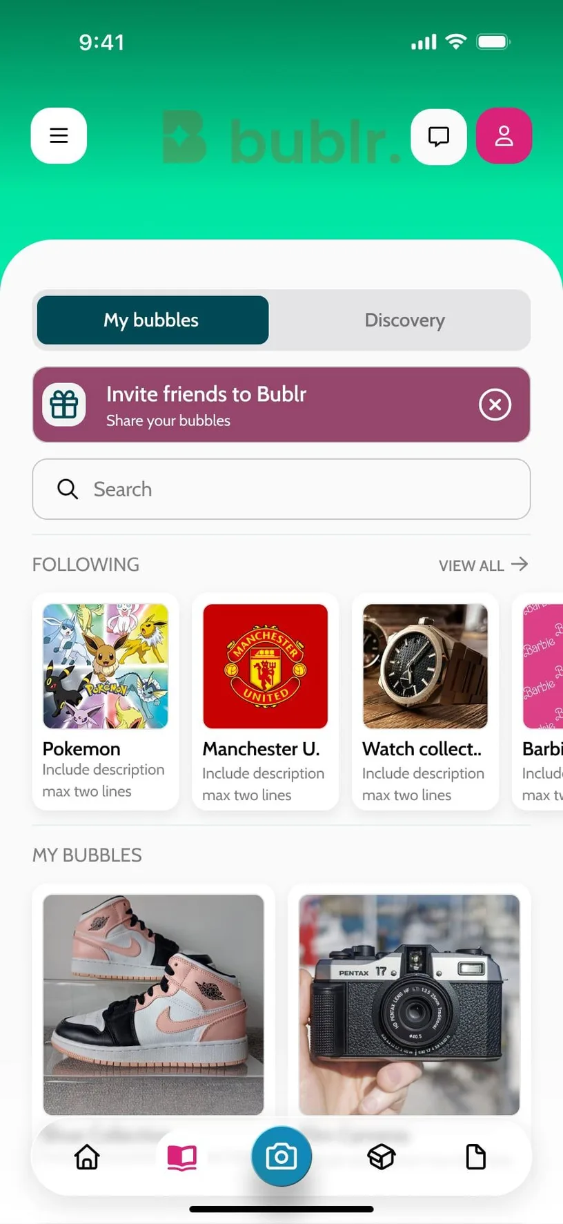 The My bubbles screen of the Bublr app: an invite card, the bubbles followed and owned