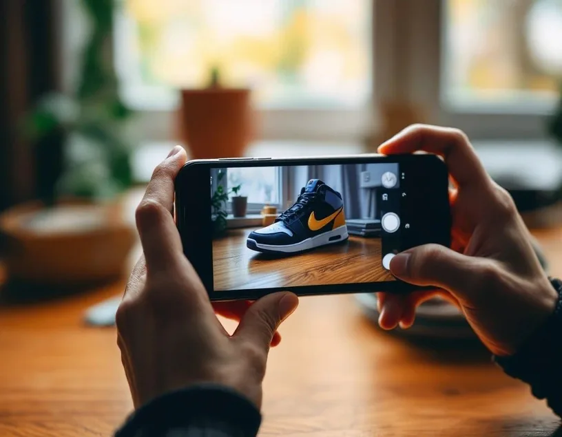 Step one, snap: a phone held over a sneaker on a desk