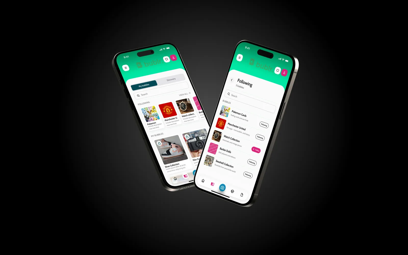 Two phones angled on black showing the Bublr home and Following screens