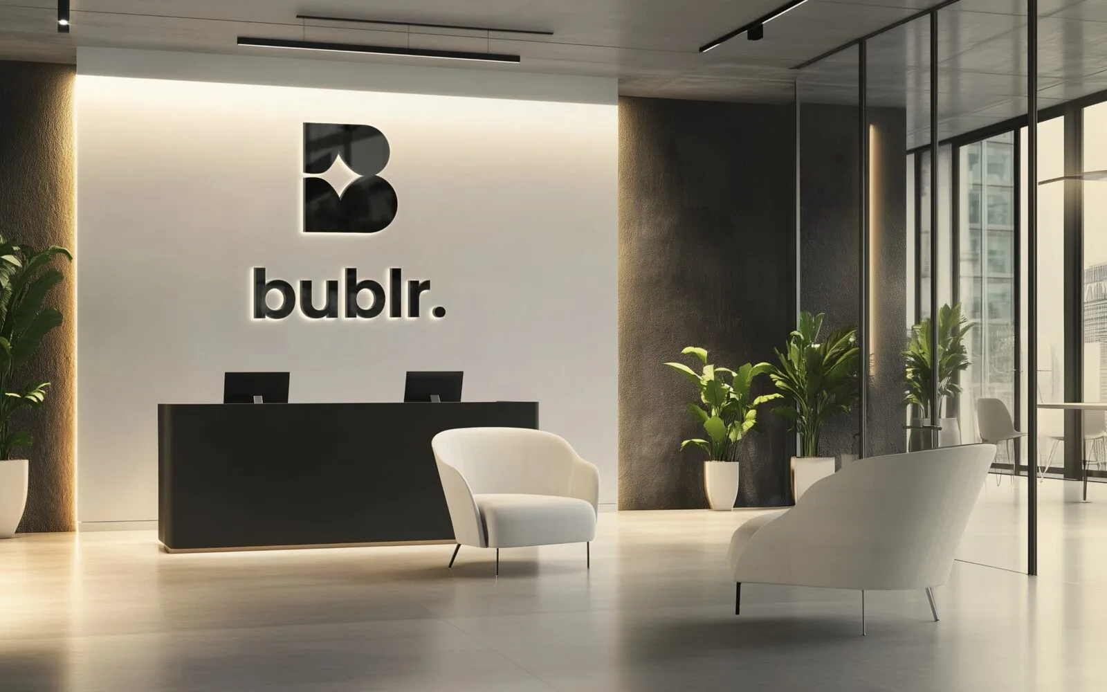The Bublr mark and wordmark on the back wall of a lit reception