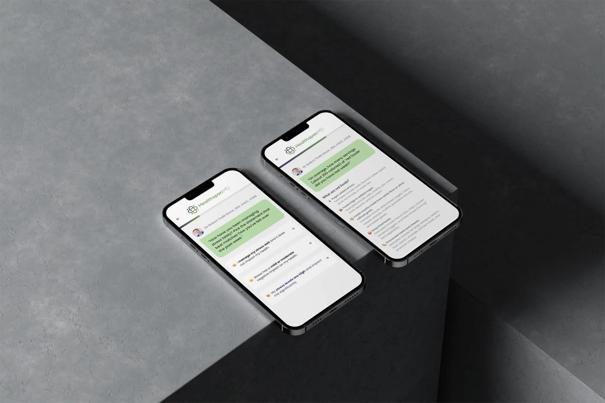 Two phones on a grey concrete edge: the stress question with its three cards, the red foods question with the explainer under the bubble