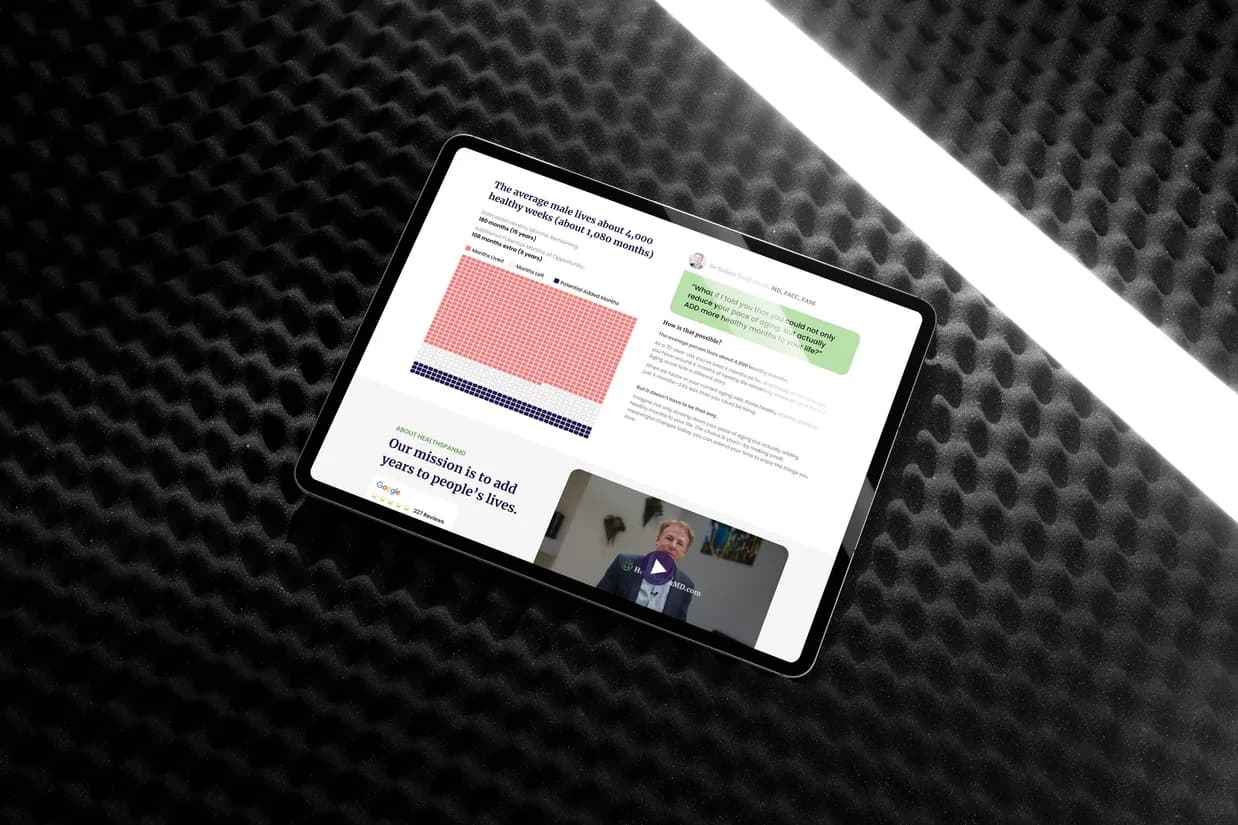 A tablet on acoustic foam showing the months chart, the doctor’s bubble beside it, and under it the mission heading with a film of Dr Hurst ready to play