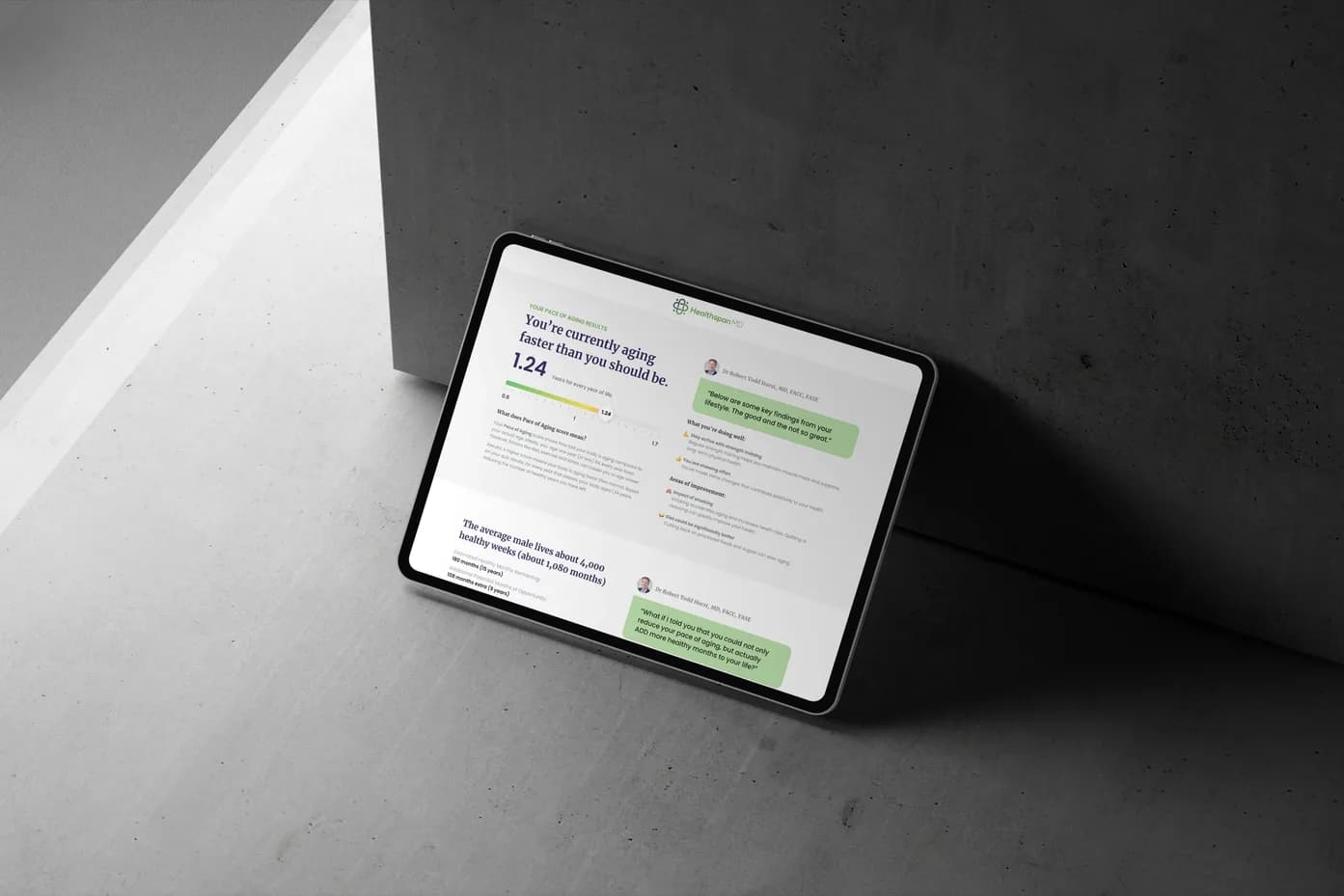 The report on a tablet leaning on the wall.