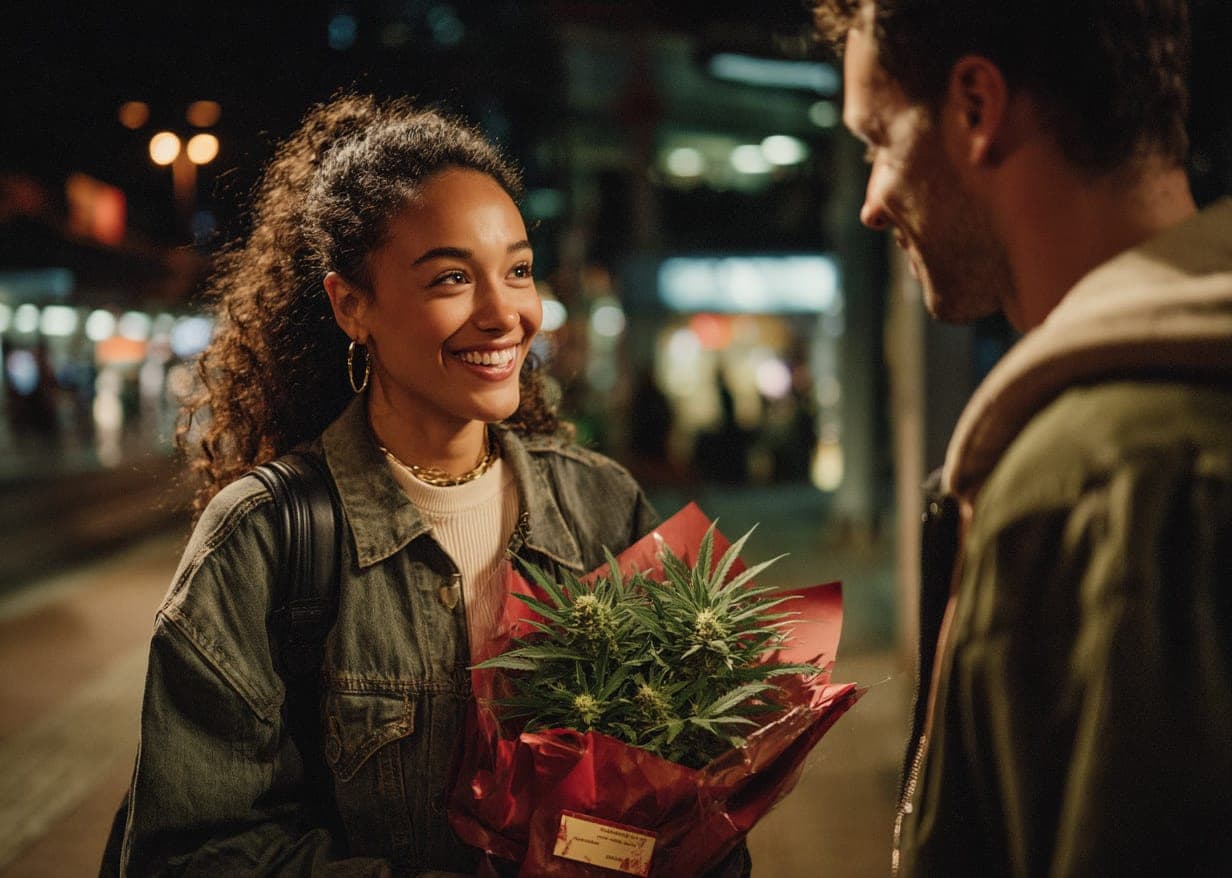 A woman on a lit street at night taking a bouquet wrapped in red paper from a man, the flowers in it cannabis