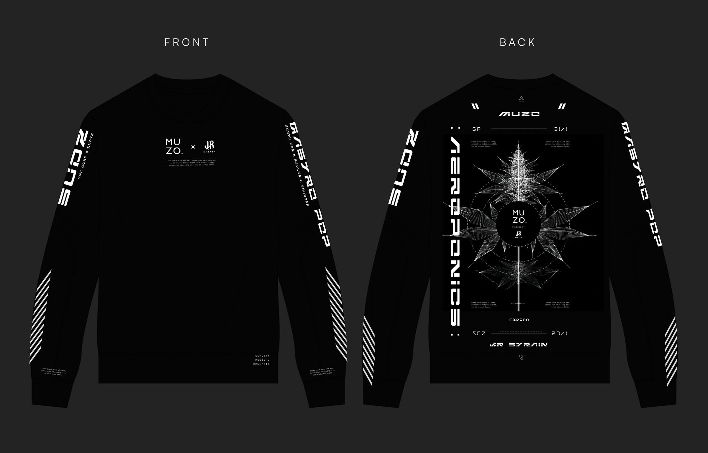 The MUZO x JR Strain sweatshirt flat, front and back: the chest lockup and the sleeve prints on the front, the Aeroponics plant print on the back