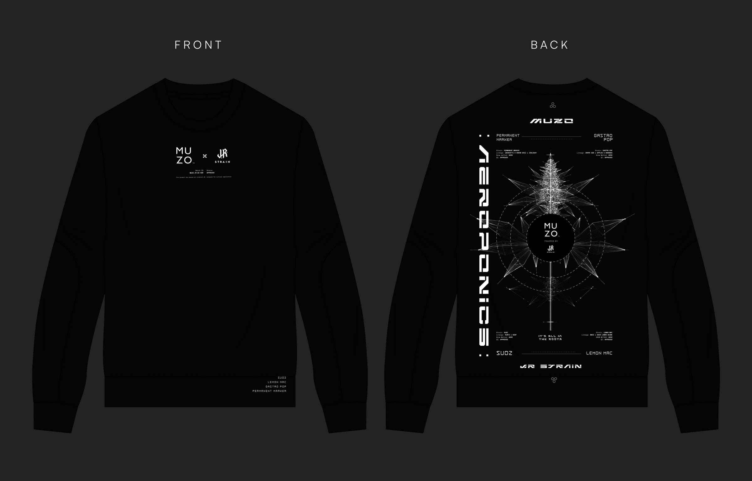 The quiet MUZO x JR Strain sweatshirt flat, front and back: the small chest lockup, the Aeroponics plant print on the back, no sleeve prints