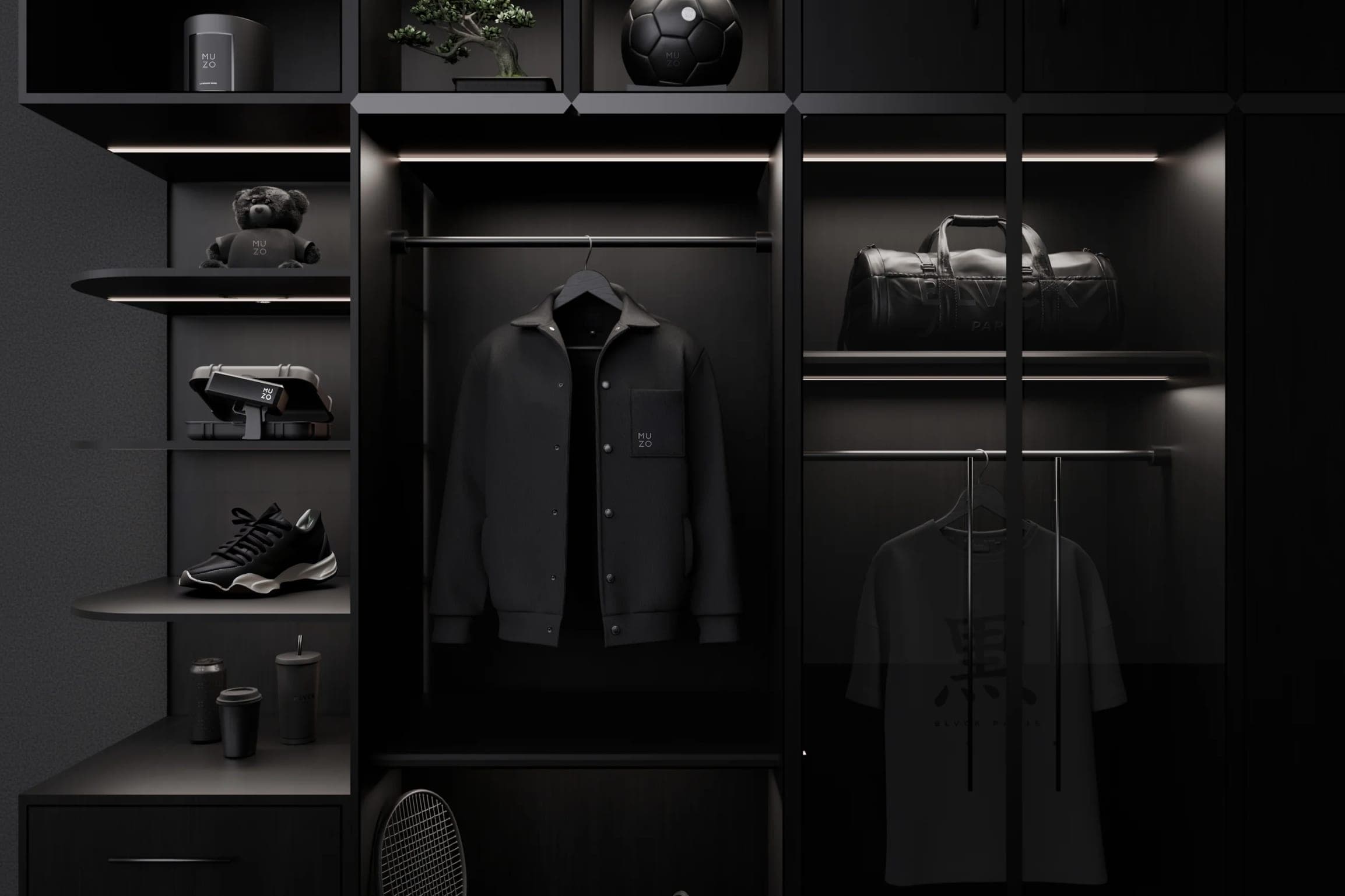 A dark wardrobe of MUZO merchandise: a black jacket on a hanger, a white tee, a holdall, a cap, trainers, a teddy bear and cups on the shelves, lit from above