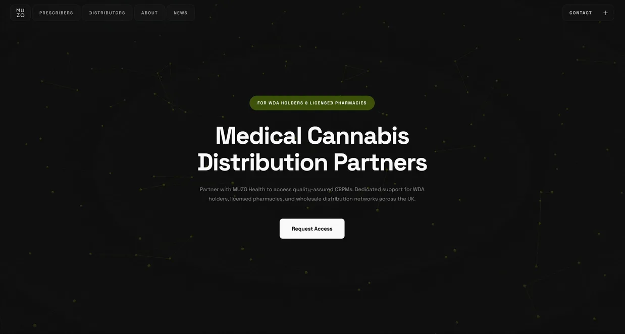 The Distribution Partners page of the MUZO Health site: a green tag reading For WDA holders and licensed pharmacies over the title Medical Cannabis Distribution Partners and a white Request Access button, a faint constellation behind