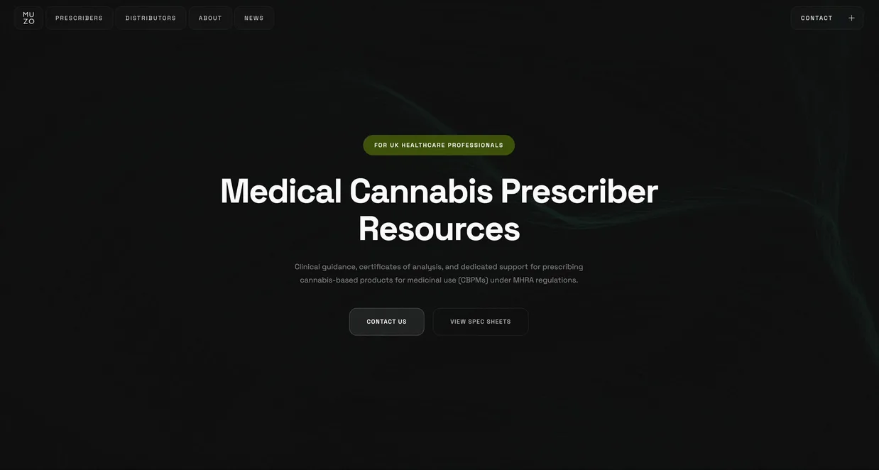 The Prescriber Resources page of the MUZO Health site: a green tag reading For UK healthcare professionals over the title Medical Cannabis Prescriber Resources, two buttons under it