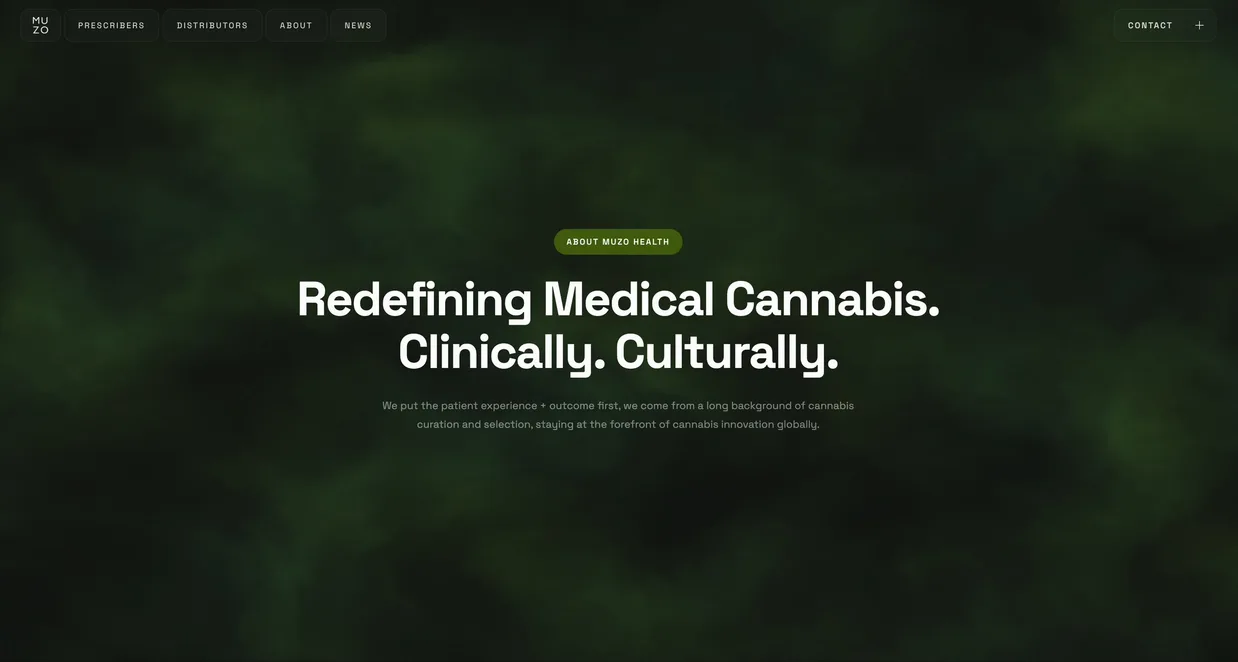 The green panel on the MUZO Health site, a soft green cloud on black under the words Redefining Medical Cannabis. Clinically. Culturally.