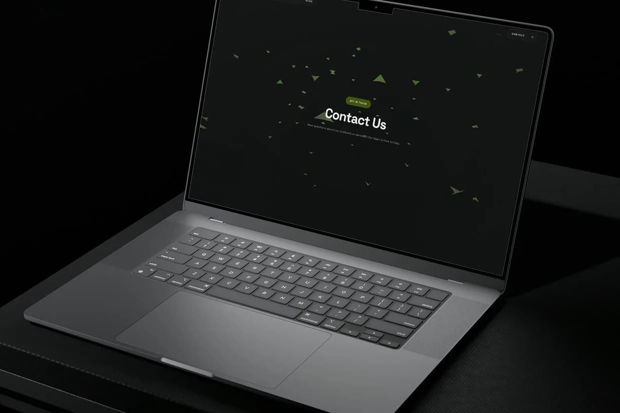 The MUZO Health site open on a laptop in a dark room, the Contact Us panel standing in a field of small drifting marks