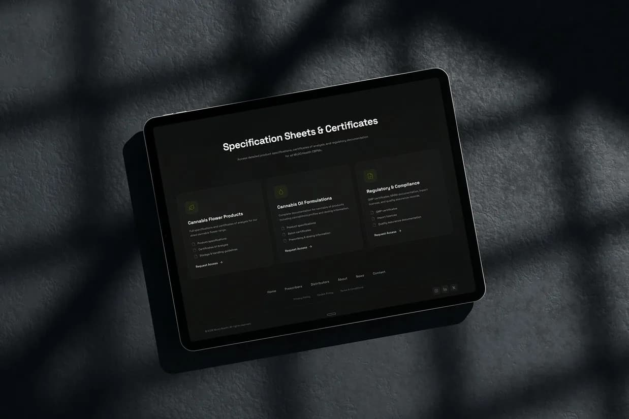 The MUZO Health site open on a tablet under window blind shadow, the page headed Specification Sheets and Certificates