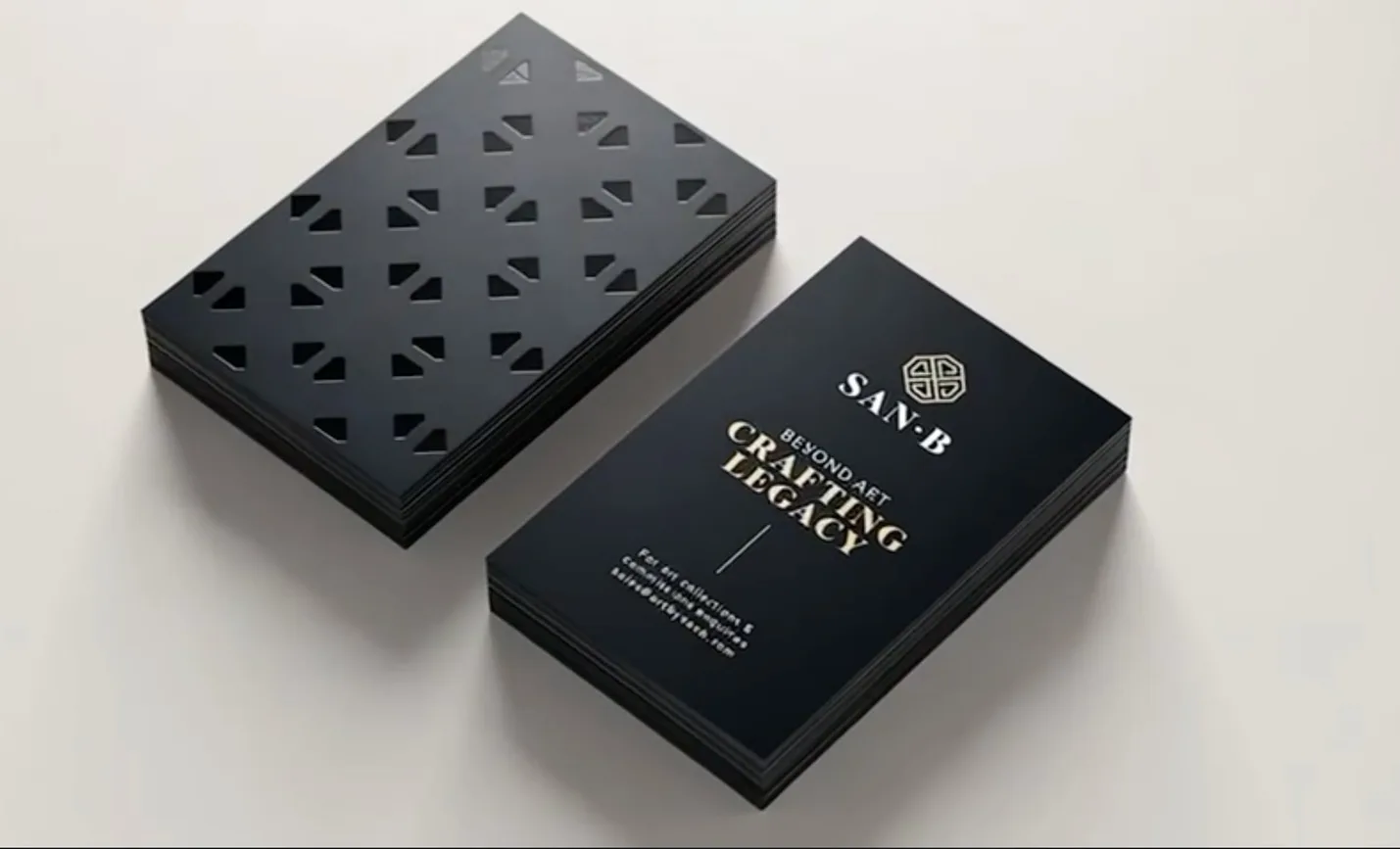 The business cards: the facet pattern debossed on one face, the emblem, SAN B and Beyond Art Crafting Legacy in gold on the other