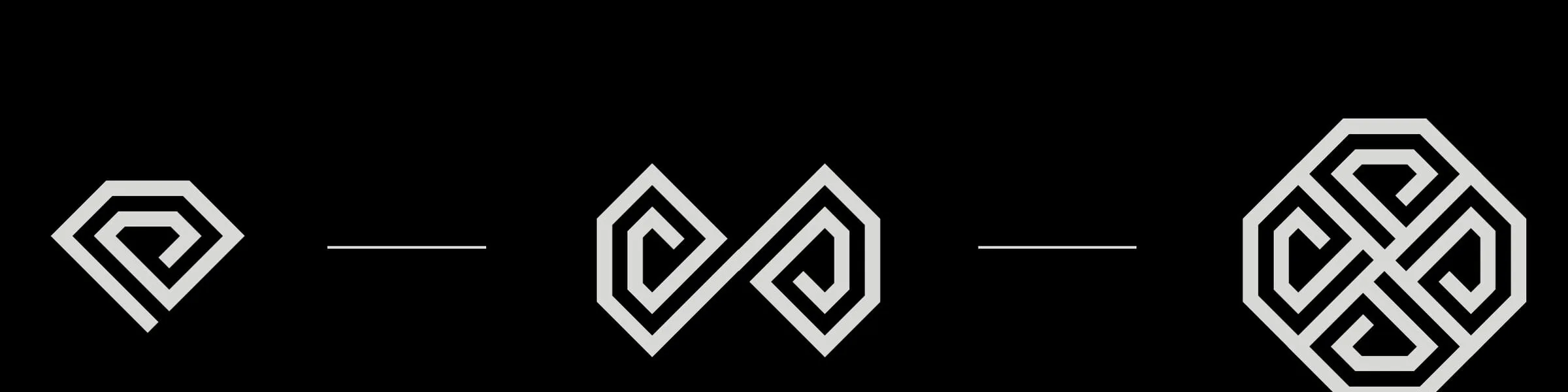 The emblem built up: a diamond, two diamonds as an infinity symbol, two infinity symbols as the emblem, the proposal page cropped to the three marks and inverted to white on black
