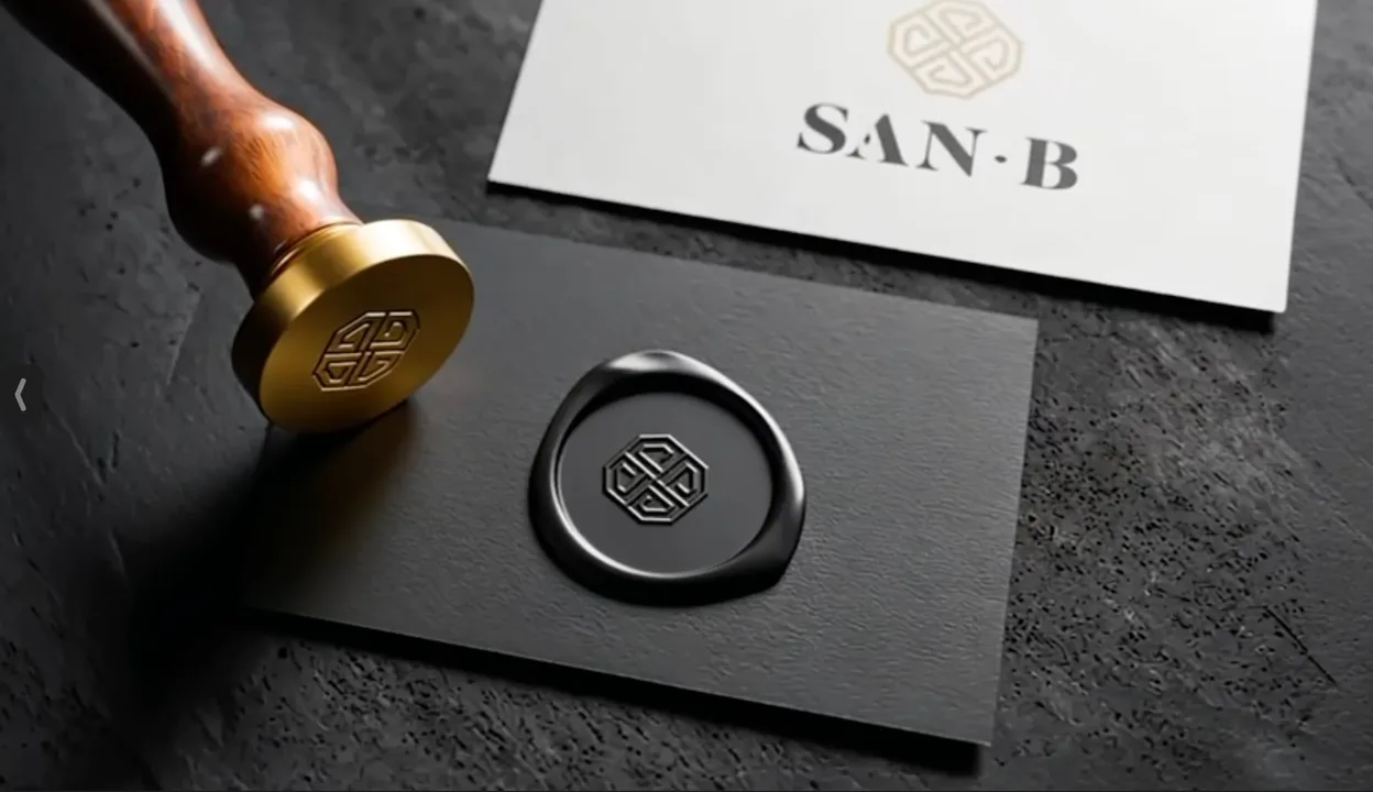 A brass seal and a black wax impression of the emblem beside a SAN B card.