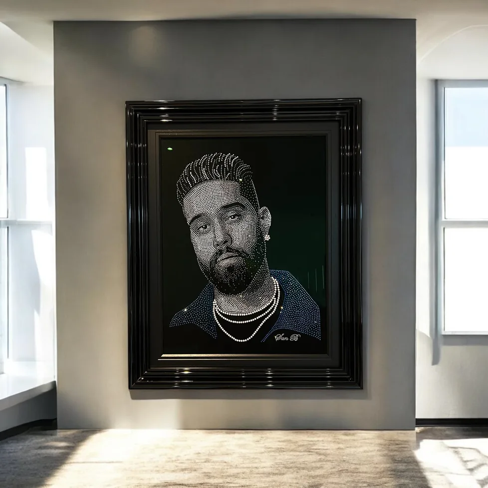AP Dhillon in crystal, framed in a bright room by a window