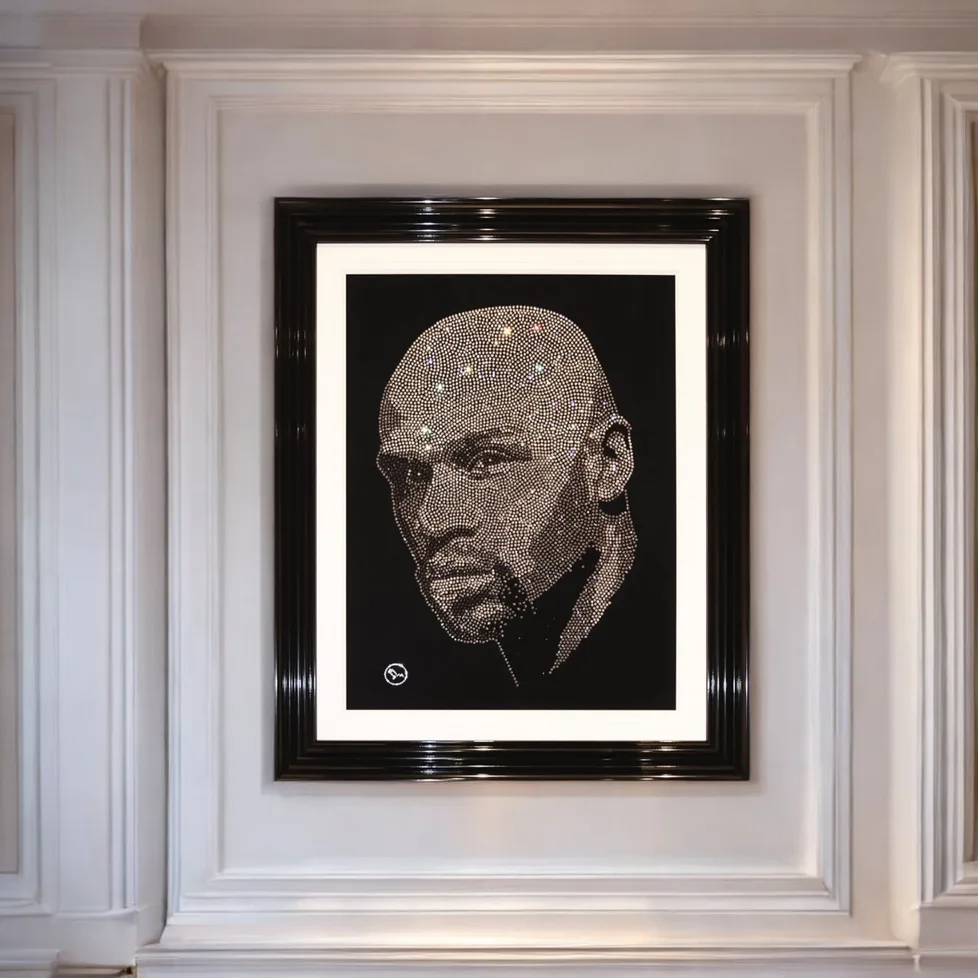 Floyd Mayweather in crystal, in a white mount on a panelled wall