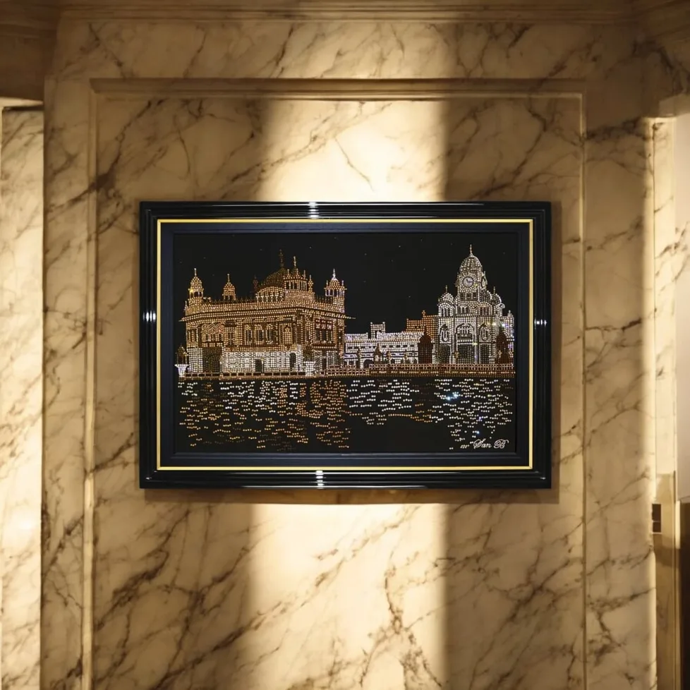 The Golden Temple in crystal, framed on a marble wall