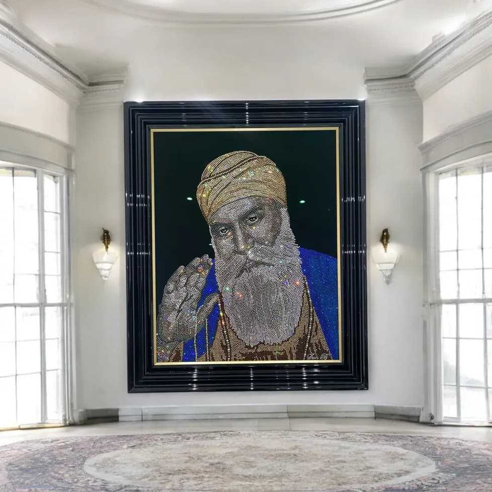 Guru Nanak Dev Ji in crystal, framed in a bay of tall windows