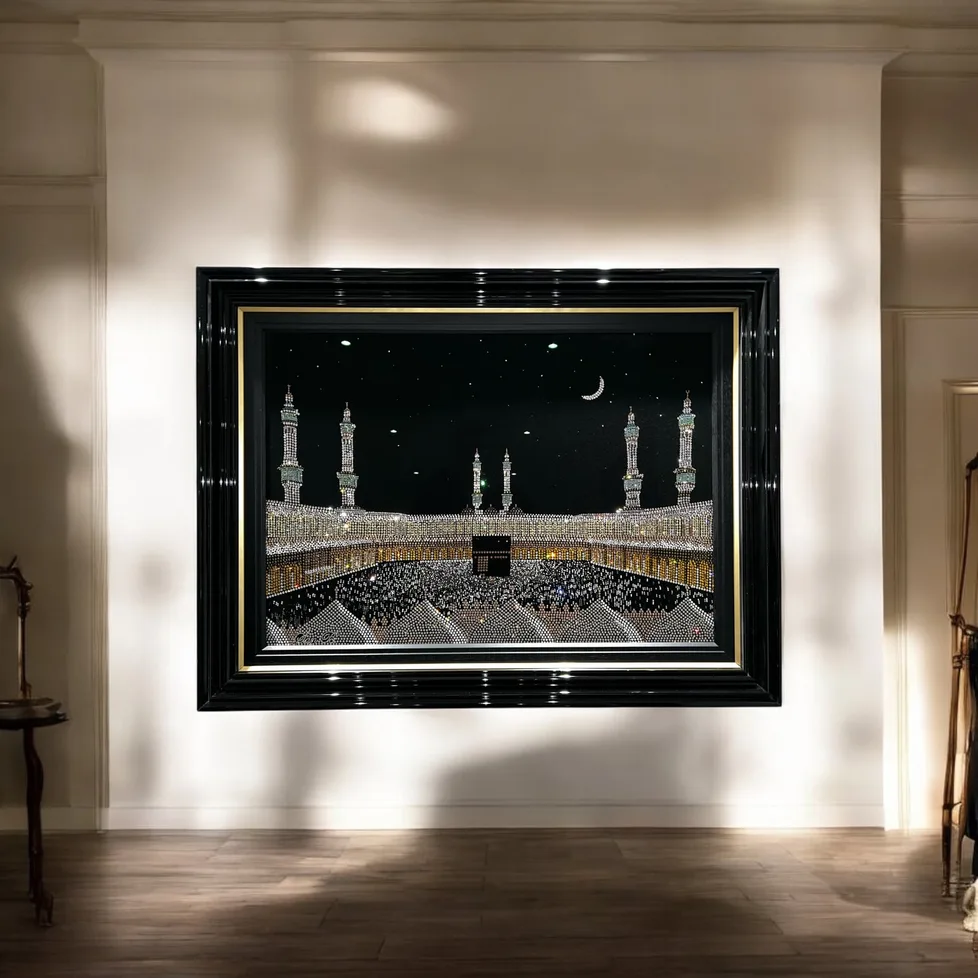 The Kaaba at Mecca in crystal, framed on a white wall