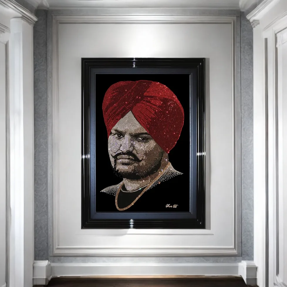 Sidhu Moose Wala in crystal, framed on a white panelled wall