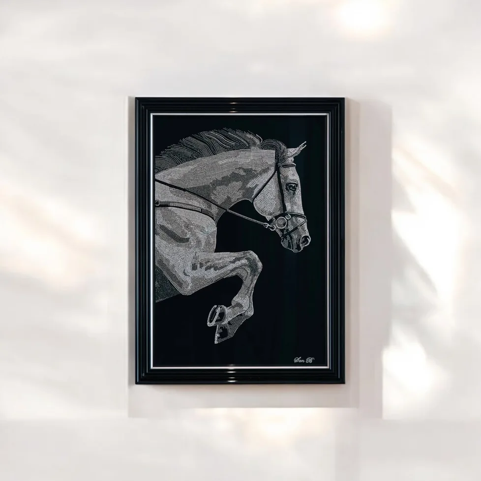The Stallion in crystal, framed on a white wall