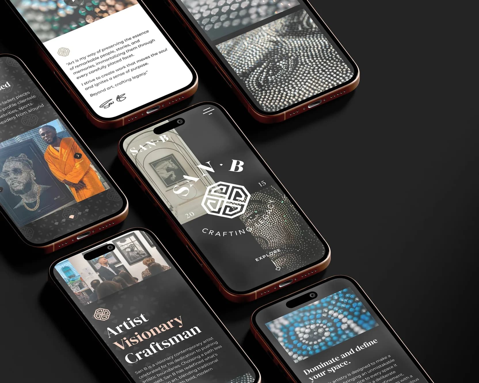artbysanb.com on six phones on a dark ground: the signed passage, the home with the emblem and Crafting Legacy, the about page, a piece in situ, the crystal macros