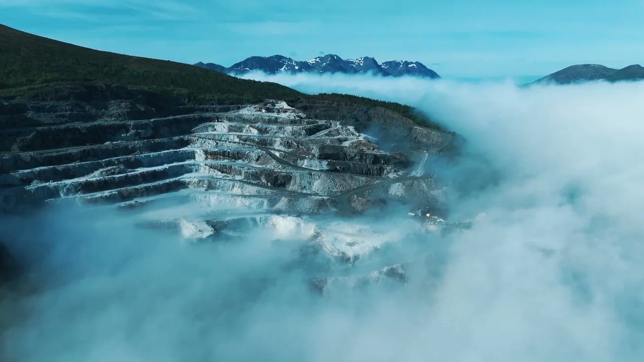 The quarry terraces under cloud, from the air