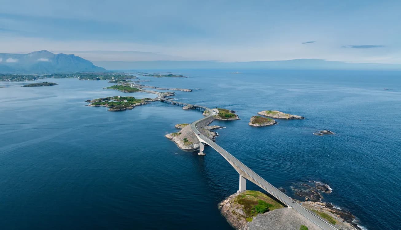 The Atlantic Road from the air, the causeway running out through the skerries.
