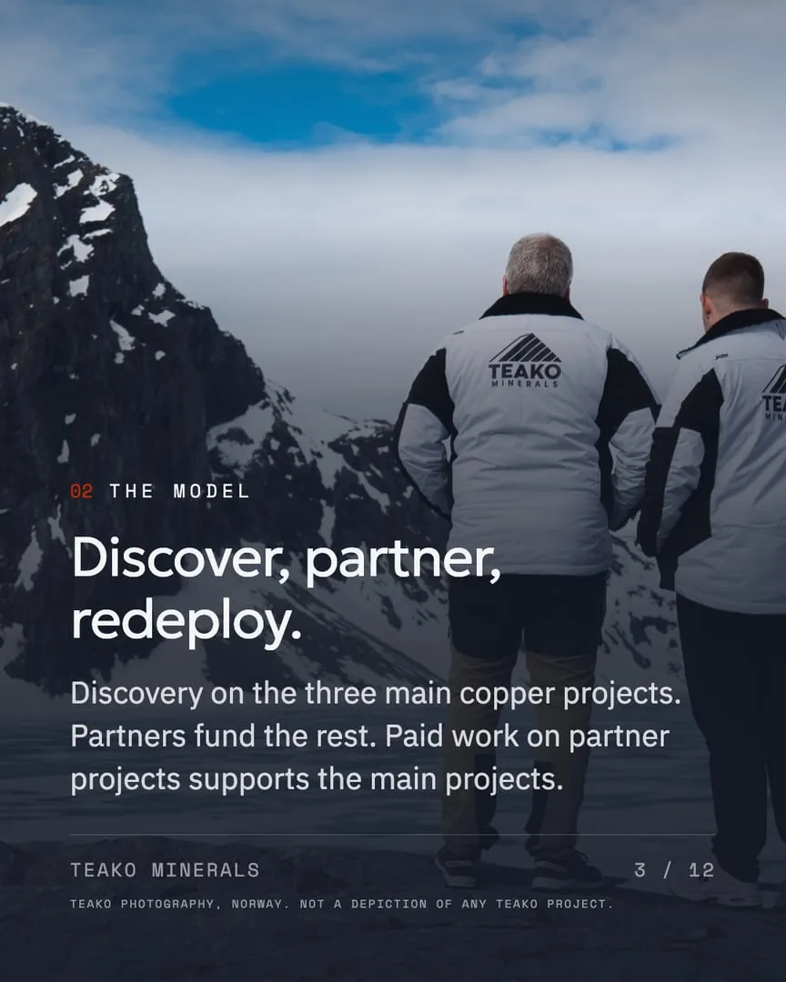 Who Teako is, page 3: “Discover, partner, redeploy.”, three of the team from behind at the shore