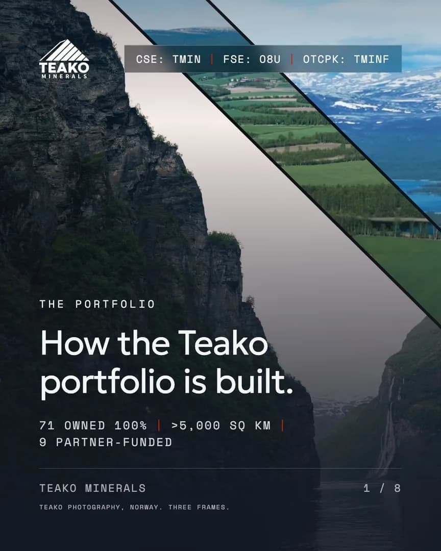 How the portfolio is built, the front cover: “How the Teako portfolio is built.” over the river valley from the air