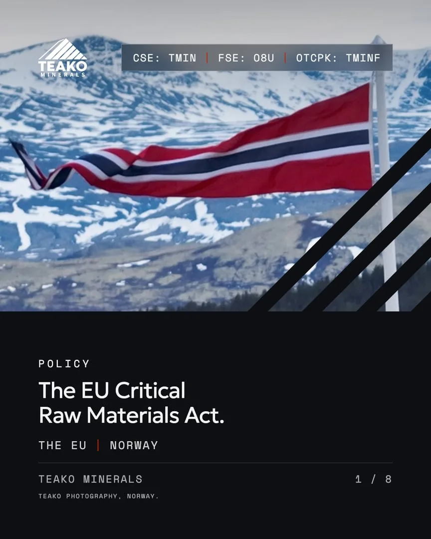 The EU Critical Raw Materials Act, the front cover: the Norwegian flag flying over the treeline