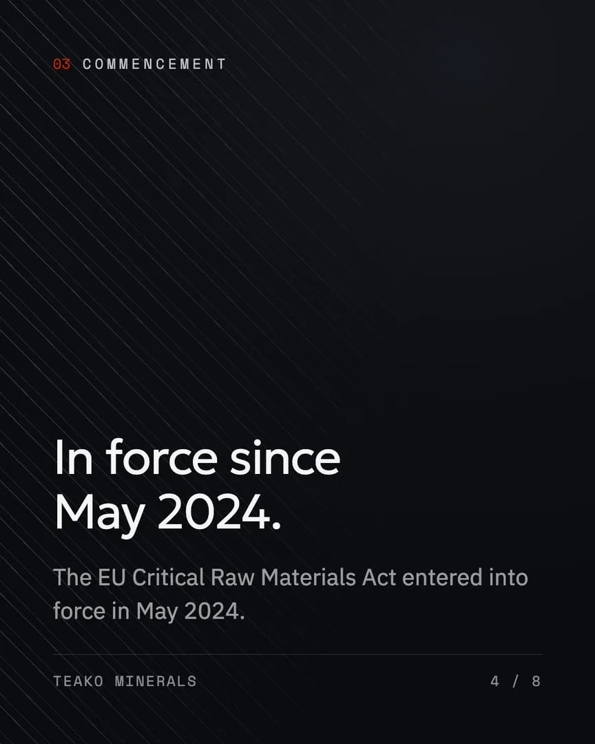 The EU Critical Raw Materials Act, page 4, a text post on the dark ground: “In force since May 2024.”